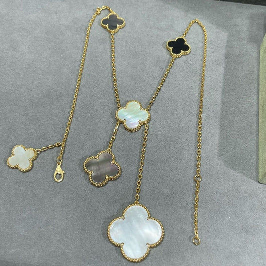 [CharmAmor]CLOVER 6 MOTIF MOP ONYX GOLD NECKLACE