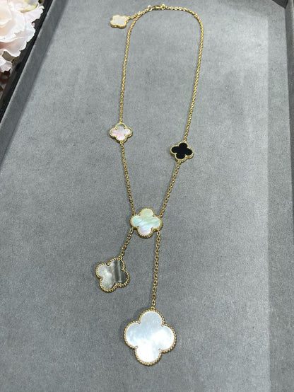 [CharmAmor]CLOVER 6 MOTIF MOP ONYX GOLD NECKLACE