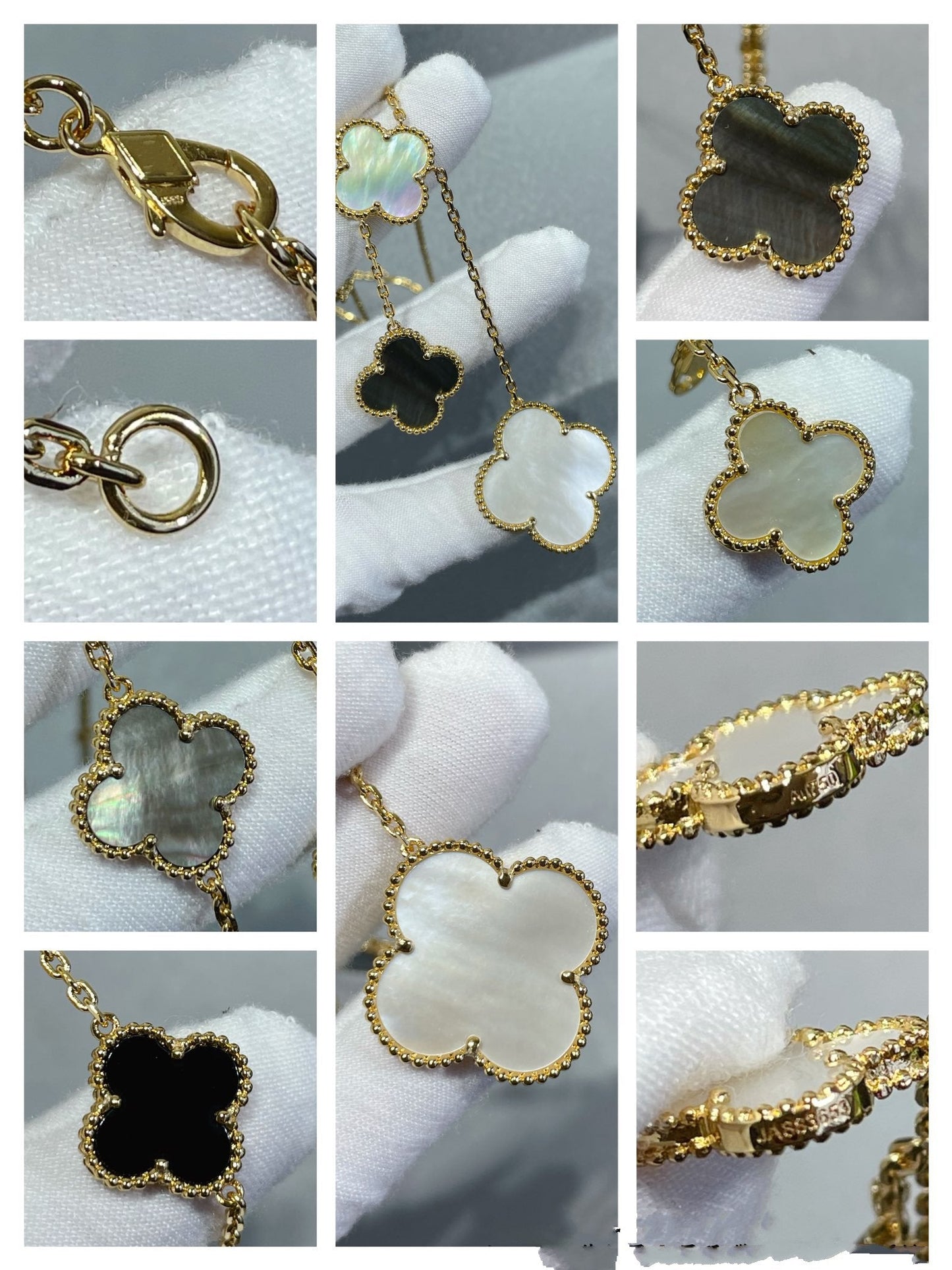 [CharmAmor]CLOVER 6 MOTIF MOP ONYX GOLD NECKLACE