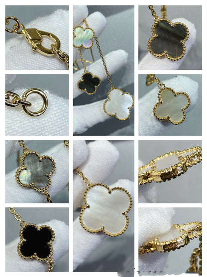 [CharmAmor]CLOVER 6 MOTIF MOP ONYX GOLD NECKLACE