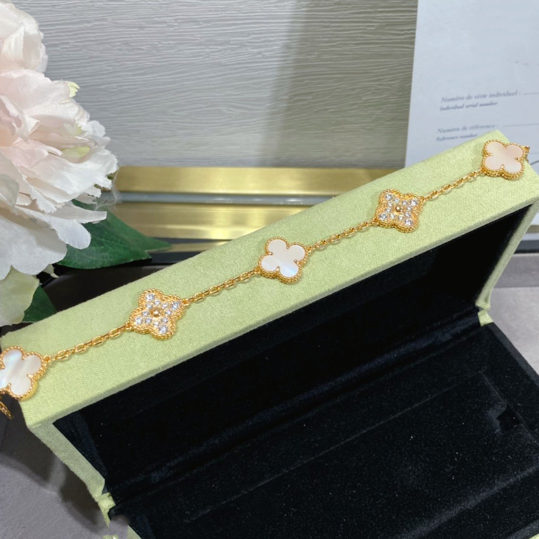 [CharmAmor]CLOVER 5 MOTIF DIAMOND PINK MOP PINK GOLD BRACELET