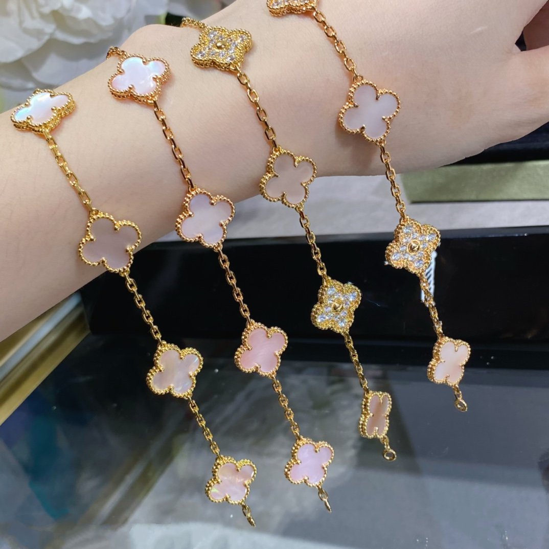 [CharmAmor]CLOVER 5 MOTIF DIAMOND PINK MOP PINK GOLD BRACELET