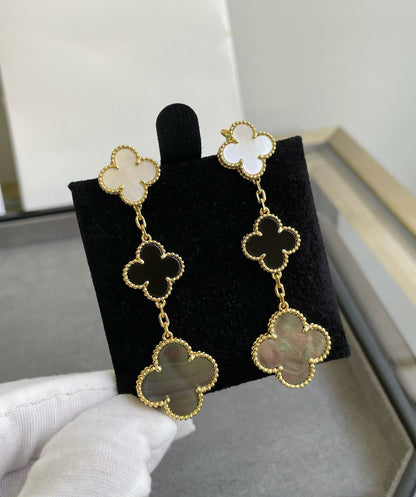 [CharmAmor]CLOVER 3 MOTIF MOP ONYX DARK MOP PINK GOLD EARRINGS