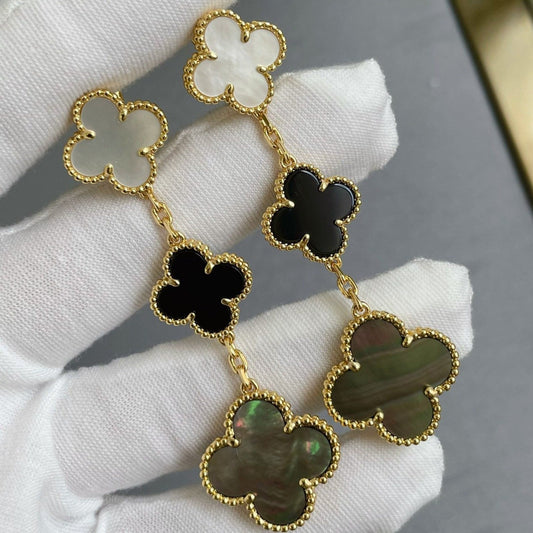 [CharmAmor]CLOVER 3 MOTIF MOP ONYX DARK MOP PINK GOLD EARRINGS