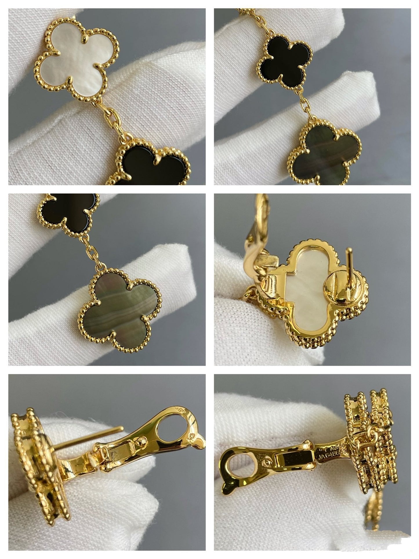 [CharmAmor]CLOVER 3 MOTIF MOP ONYX DARK MOP PINK GOLD EARRINGS