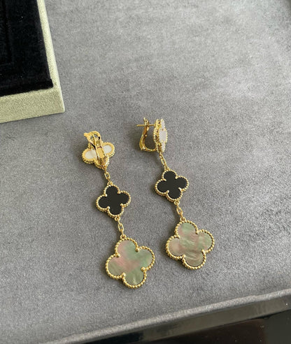 [CharmAmor]CLOVER 3 MOTIF MOP ONYX DARK MOP PINK GOLD EARRINGS
