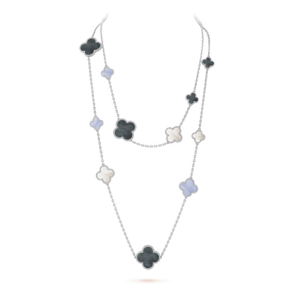 [CharmAmor]CLOVER 16 MOTIF CHALCEDONY MOP SILVER NECKLACE