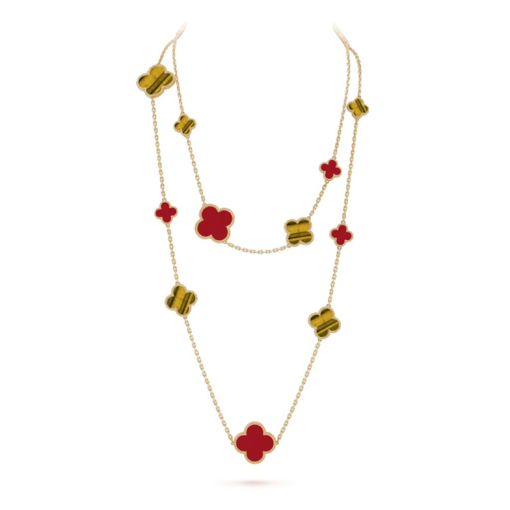 [CharmAmor]CLOVER 16 MOTIF CARNELIAN TIGER EYE ROSE GOLD NECKLACE