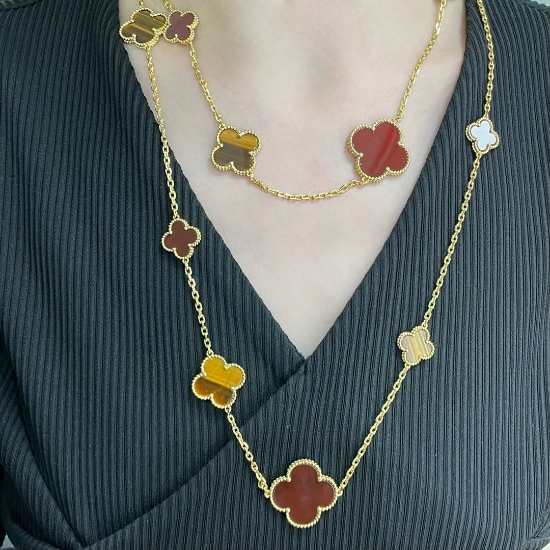 [CharmAmor]CLOVER 16 MOTIF CARNELIAN TIGER EYE ROSE GOLD NECKLACE