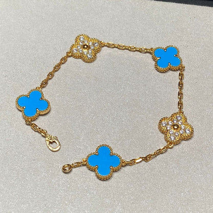 [CharmAmor]CLOVER 5 MOTIF BLUE CHALCEDONY DIAMOND GOLD BRACELET