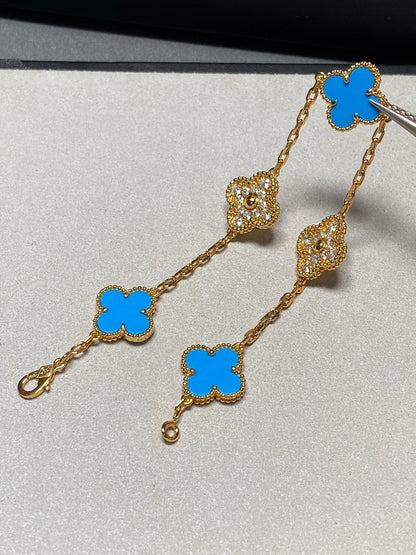 [CharmAmor]CLOVER 5 MOTIF BLUE CHALCEDONY DIAMOND GOLD BRACELET