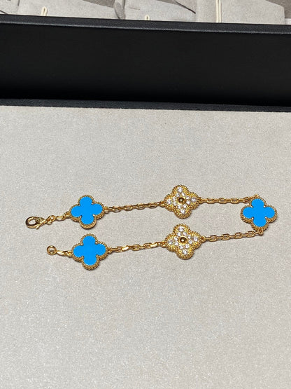 [CharmAmor]CLOVER 5 MOTIF BLUE CHALCEDONY DIAMOND GOLD BRACELET