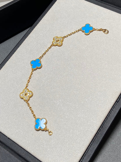 [CharmAmor]CLOVER 5 MOTIF BLUE CHALCEDONY DIAMOND GOLD BRACELET