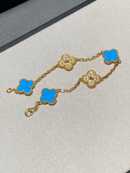 [CharmAmor]CLOVER 5 MOTIF BLUE CHALCEDONY DIAMOND GOLD BRACELET