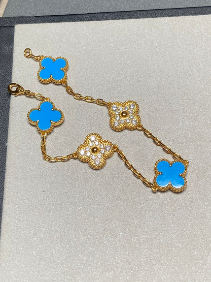 [CharmAmor]CLOVER 5 MOTIF BLUE CHALCEDONY DIAMOND GOLD BRACELET