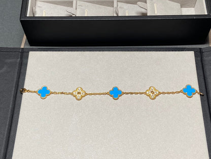 [CharmAmor]CLOVER 5 MOTIF BLUE CHALCEDONY DIAMOND GOLD BRACELET