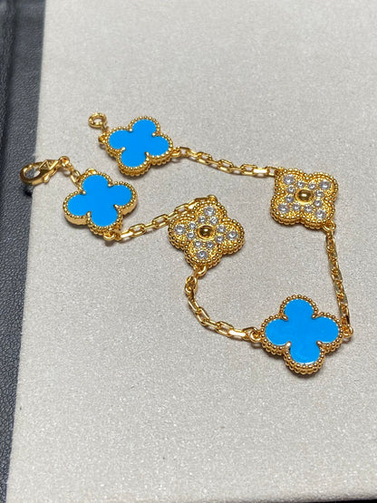 [CharmAmor]CLOVER 5 MOTIF BLUE CHALCEDONY DIAMOND GOLD BRACELET