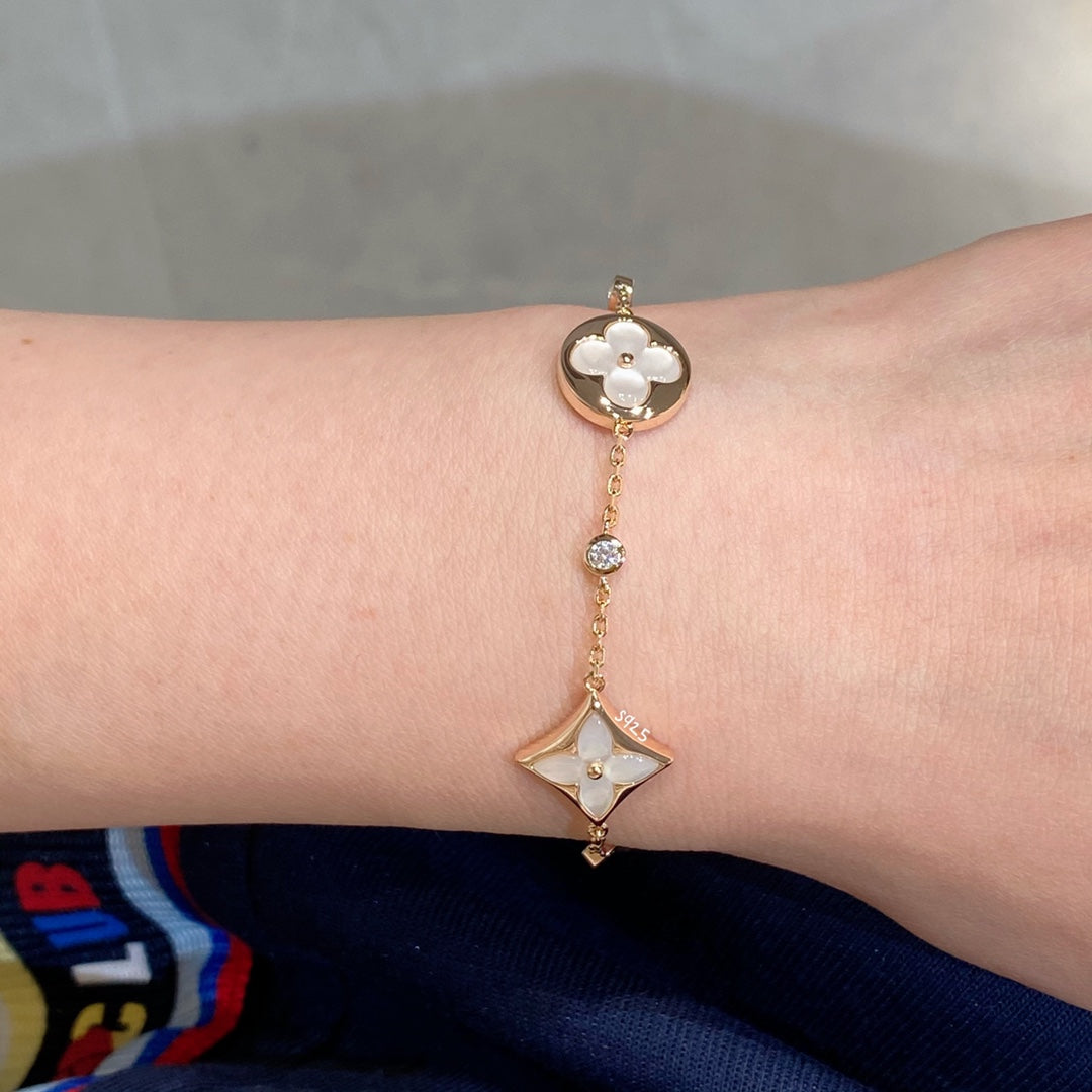 [CharmAmor]STAR AND SUN 4 MOTIF WHITE MOP PINK GOLD BRACELET