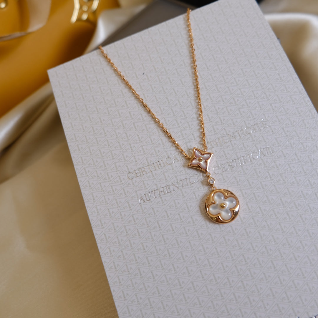 [CharmAmor]STAR AND SUN WHITE MOP 2 MOTIF PINK GOLD NECKLACE