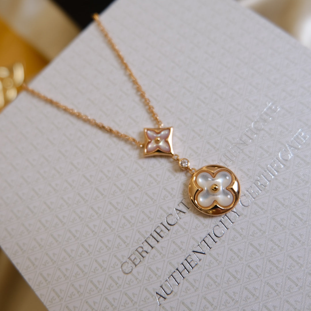 [CharmAmor]STAR AND SUN WHITE MOP 2 MOTIF PINK GOLD NECKLACE