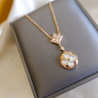 [CharmAmor]STAR AND SUN WHITE MOP 2 MOTIF PINK GOLD NECKLACE