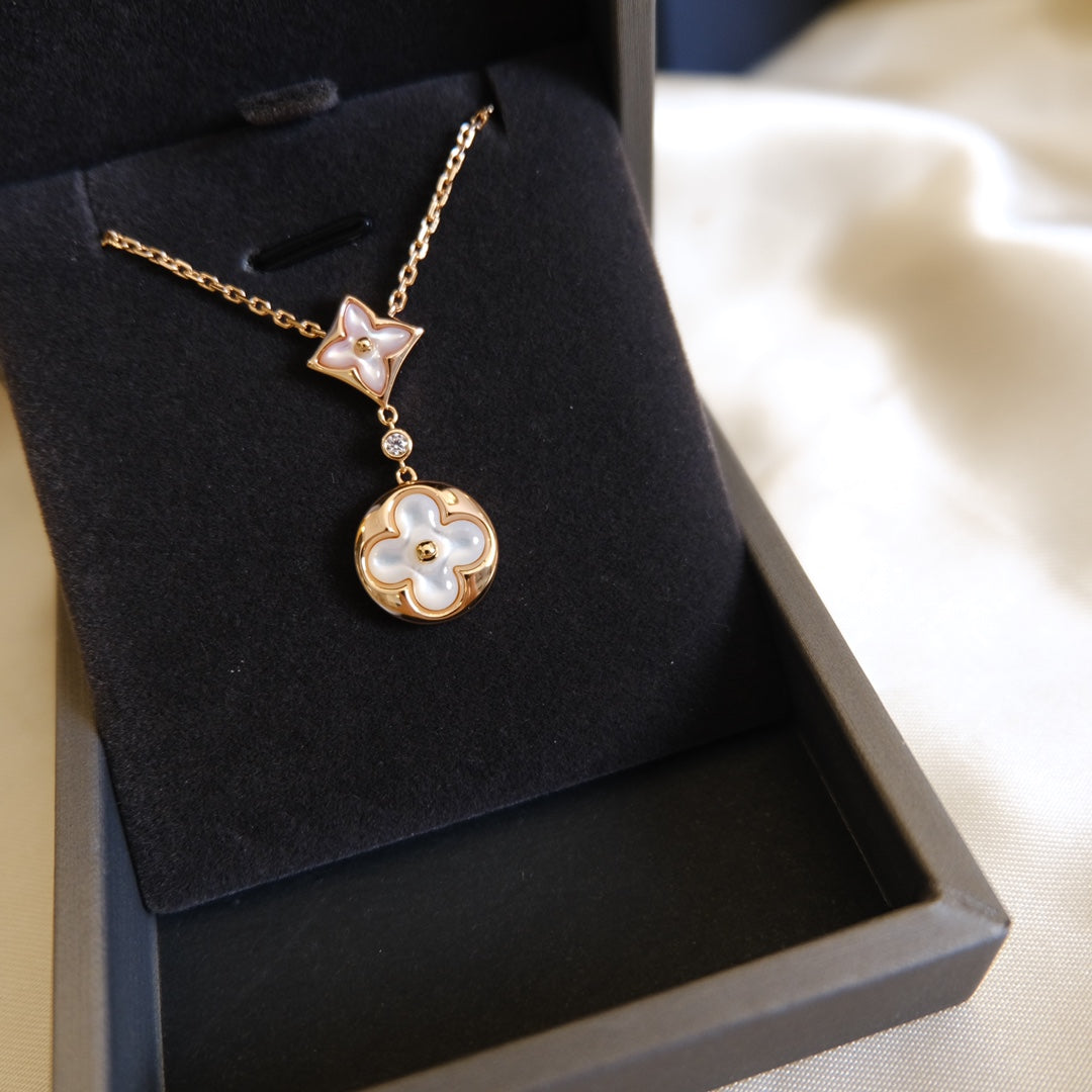 [CharmAmor]STAR AND SUN WHITE MOP 2 MOTIF PINK GOLD NECKLACE