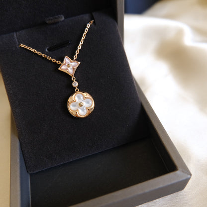 [CharmAmor]STAR AND SUN WHITE MOP 2 MOTIF PINK GOLD NECKLACE