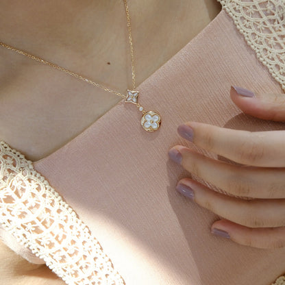 [CharmAmor]STAR AND SUN WHITE MOP 2 MOTIF PINK GOLD NECKLACE
