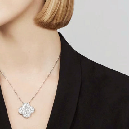 [CharmAmor]CLOVER 25MM LARGE PENDANT DIAMOND PAVED SILVER NECKLACE