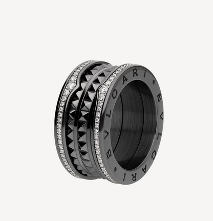 [CharmAmor]ZERO 1 ROCK FOUR-BAND BLACK CERAMIC WITH STUDDED SPIRAL AND PAVED DIAMONDS RING