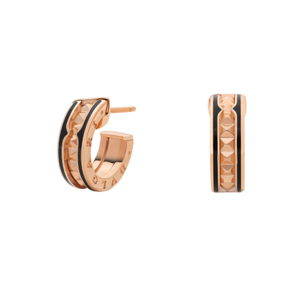 [CharmAmor]ZERO 1 ROCK PINK GOLD EARRINGS WITH STUDDED SPIRAL AND BLACK CERAMIC