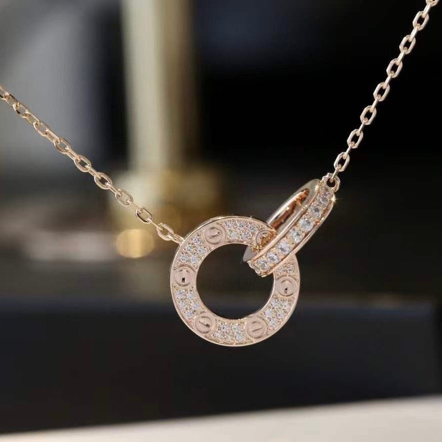 [CharmAmor]LOVE 7.6MM NECKLACE ROSE GOLD AND SILVER  FULL DIAMOND