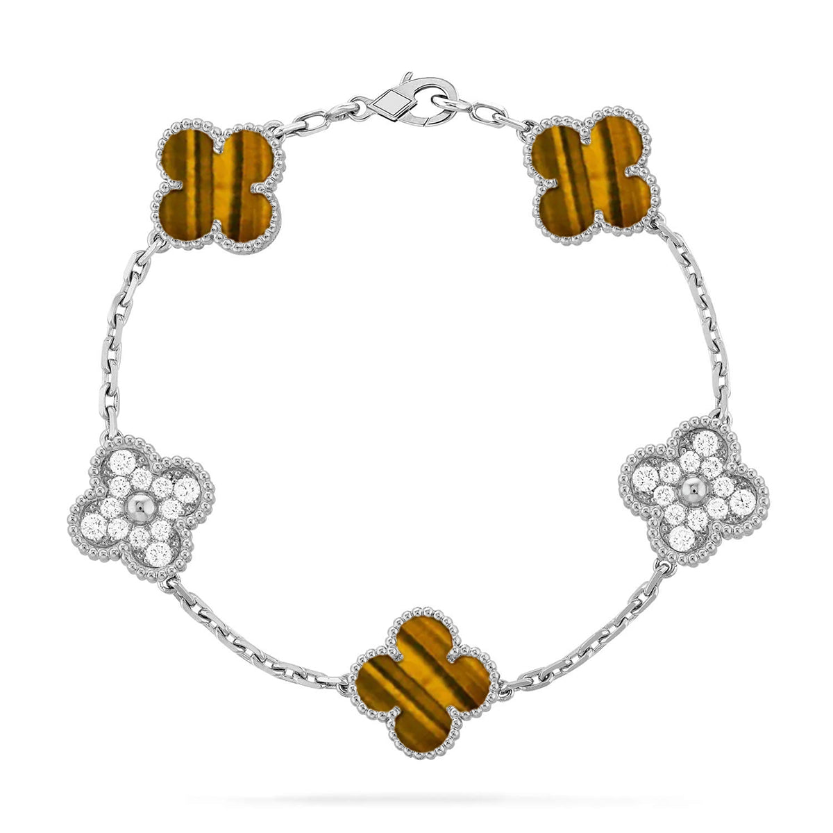 [CharmAmor] CLOVER 5 MOTIFS TIGER EYE BRACELET COLLECTION