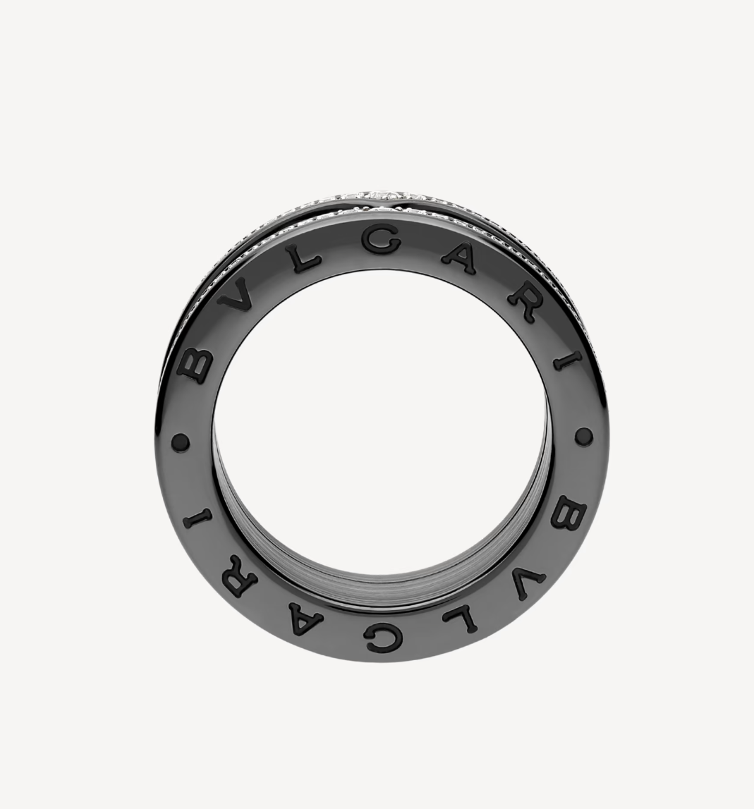 [CharmAmor]ZERO 1 ROCK FOUR-BAND BLACK CERAMIC WITH STUDDED SPIRAL AND PAVED DIAMONDS RING