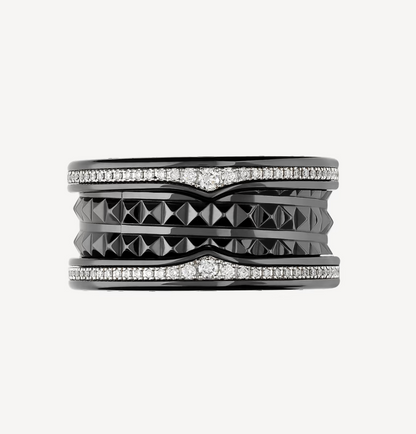 [CharmAmor]ZERO 1 ROCK FOUR-BAND BLACK CERAMIC WITH STUDDED SPIRAL AND PAVED DIAMONDS RING