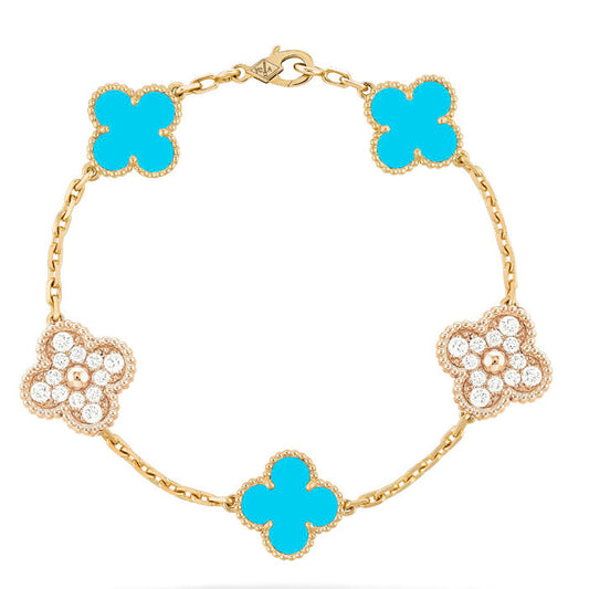 [CharmAmor]CLOVER 5 MOTIF TURQUOISE DIAMOND GOLD BRACELET