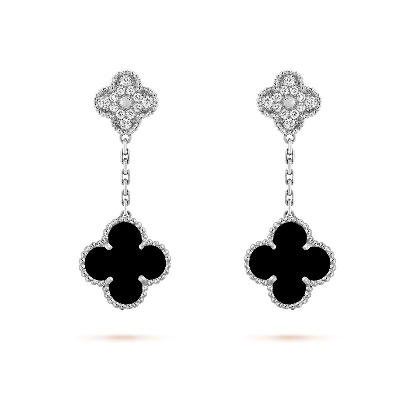 [CharmAmor]CLOVER 2 MOTIFS  DIAMOND ONYX EARRINGS SILVER