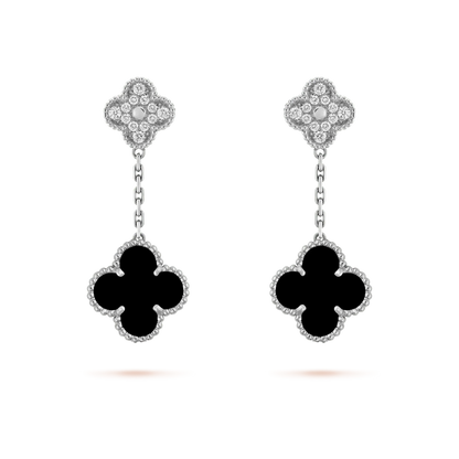 [CharmAmor]CLOVER 2 MOTIFS  DIAMOND ONYX EARRINGS SILVER