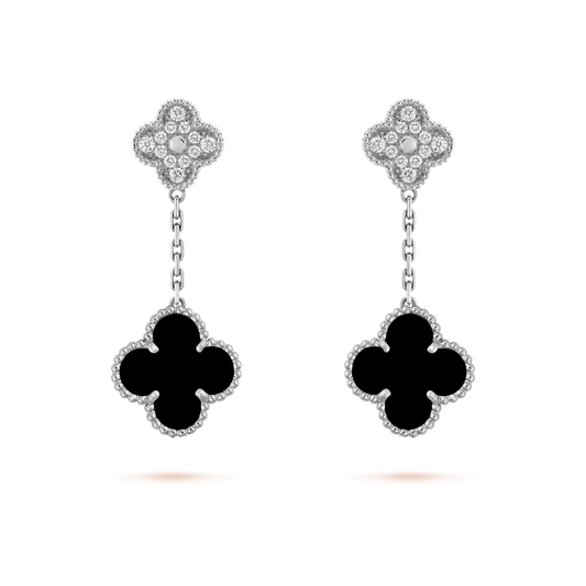 [CharmAmor]CLOVER 2 MOTIFS  DIAMOND ONYX EARRINGS SILVER