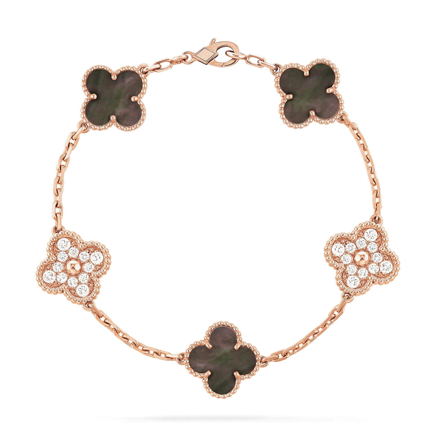 [CharmAmor]CLOVER 5 MOTIFS DARK MOP AND DIAMONDS PINK GOLD BRACELET