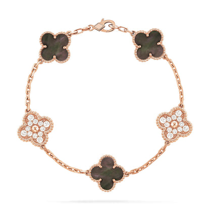 [CharmAmor]CLOVER 5 MOTIFS DARK MOP AND DIAMONDS PINK GOLD BRACELET