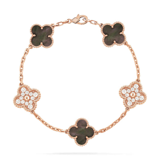 [CharmAmor]CLOVER 5 MOTIFS DARK MOP AND DIAMONDS PINK GOLD BRACELET
