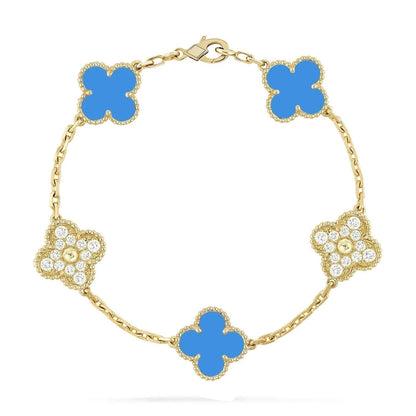 [CharmAmor]CLOVER 5 MOTIF BLUE CHALCEDONY DIAMOND GOLD BRACELET