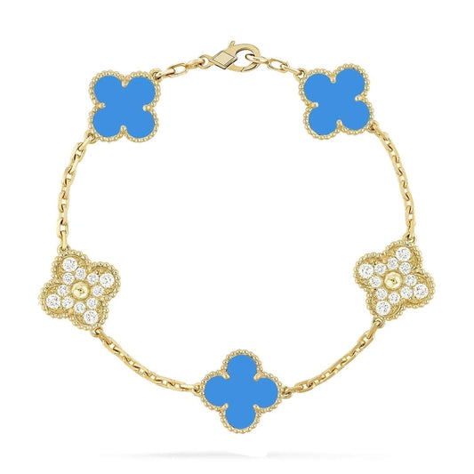 [CharmAmor]CLOVER 5 MOTIF BLUE CHALCEDONY DIAMOND GOLD BRACELET