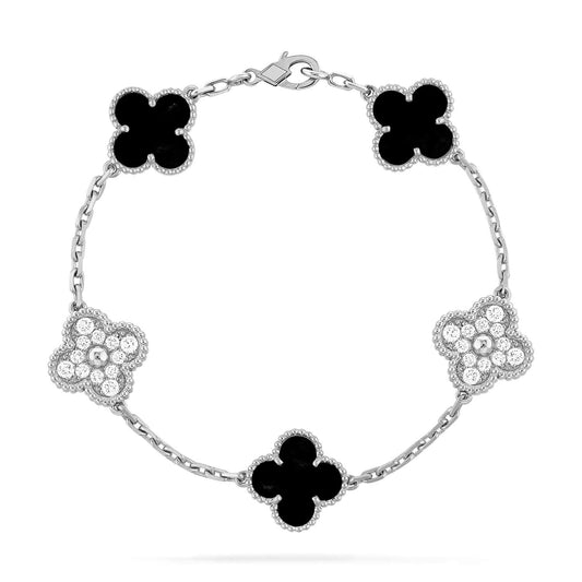 [CharmAmor]CLOVER 5 MOTIF ONYXS DIAMOND BRACELET SILVER