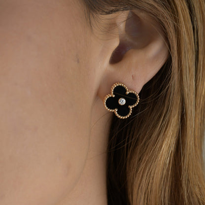 [CharmAmor]CLOVER MEDIUM 1 MOTIFS ONYX DIAMOND EARRINGS