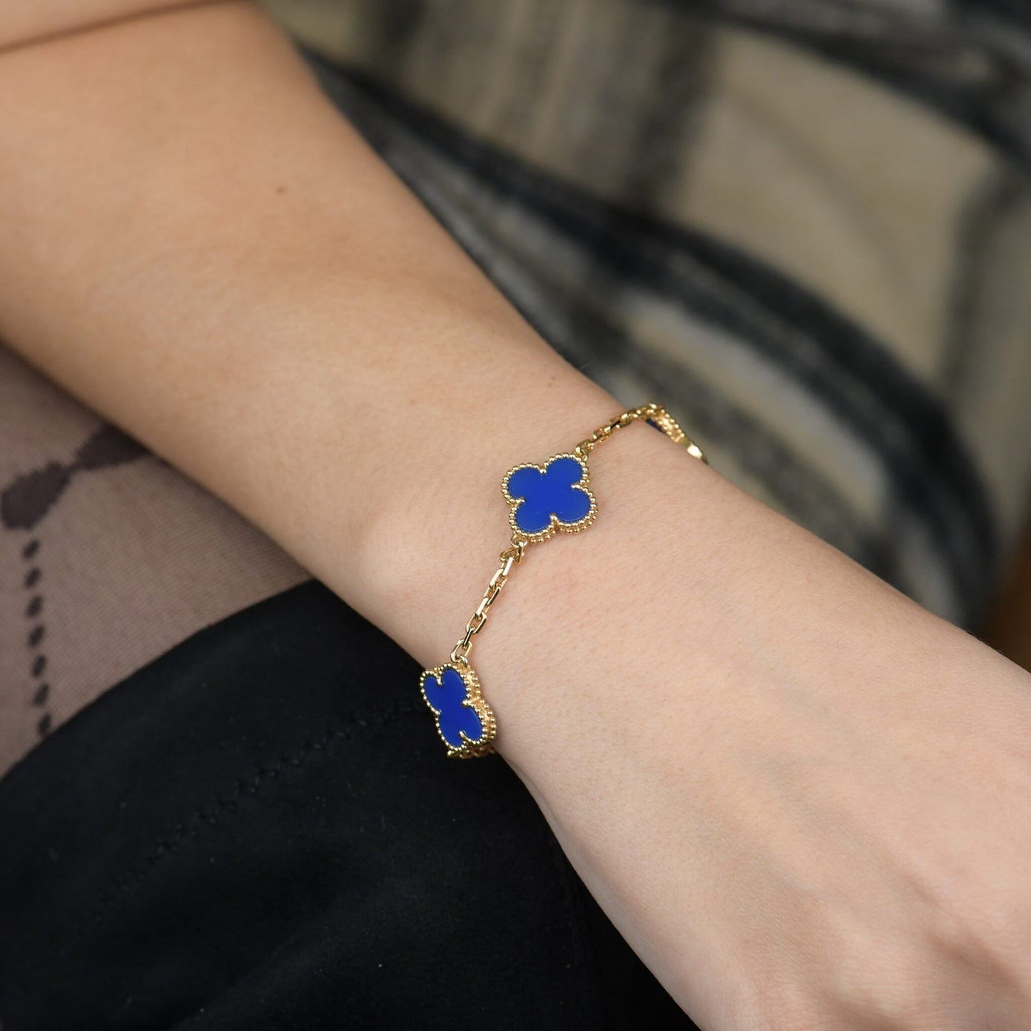 [CharmAmor]CLOVER 5 MOTIFS BLUE AGATE BRACELET