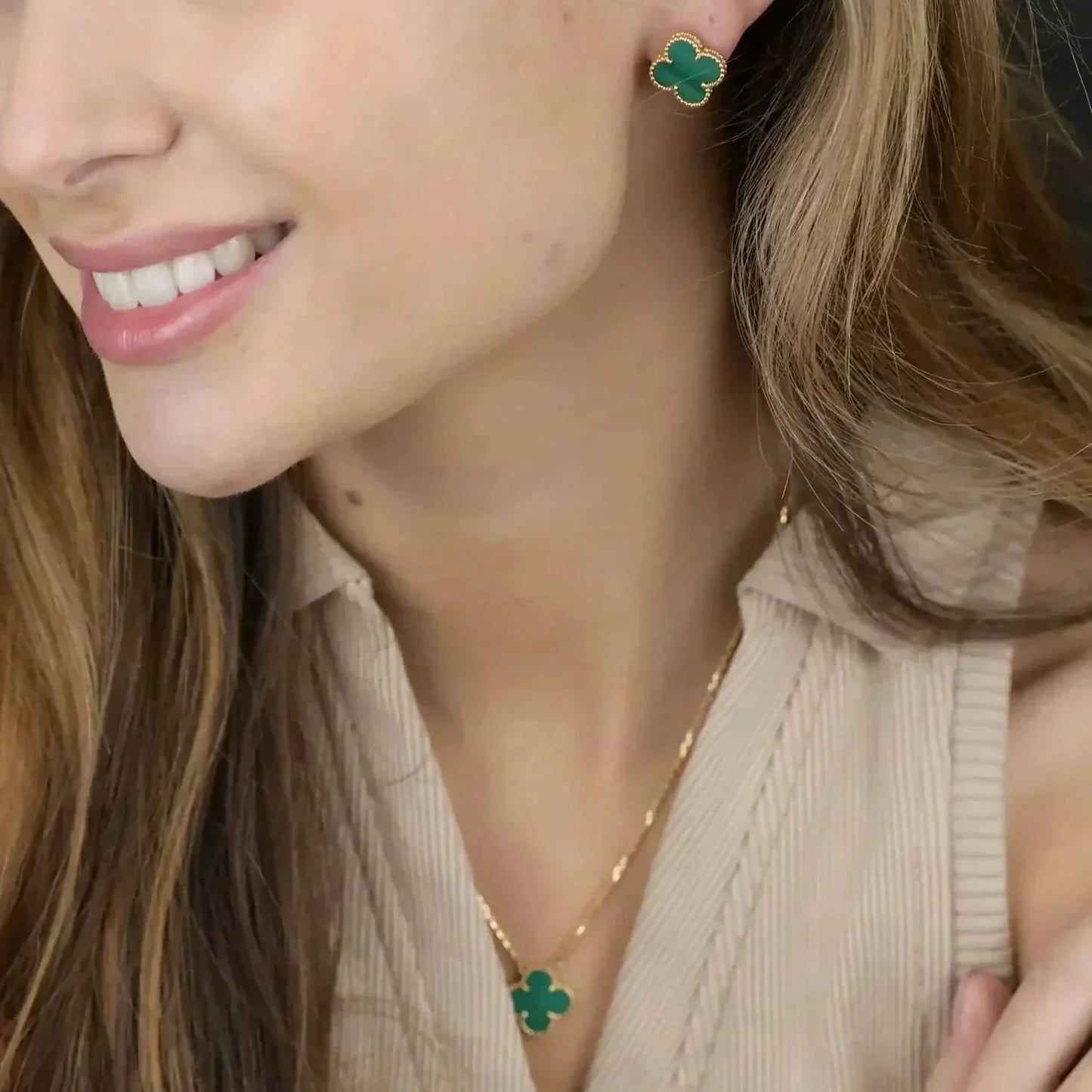 [CharmAmor]CLOVER MINI 9.5MM MALACHITE  EARRINGS