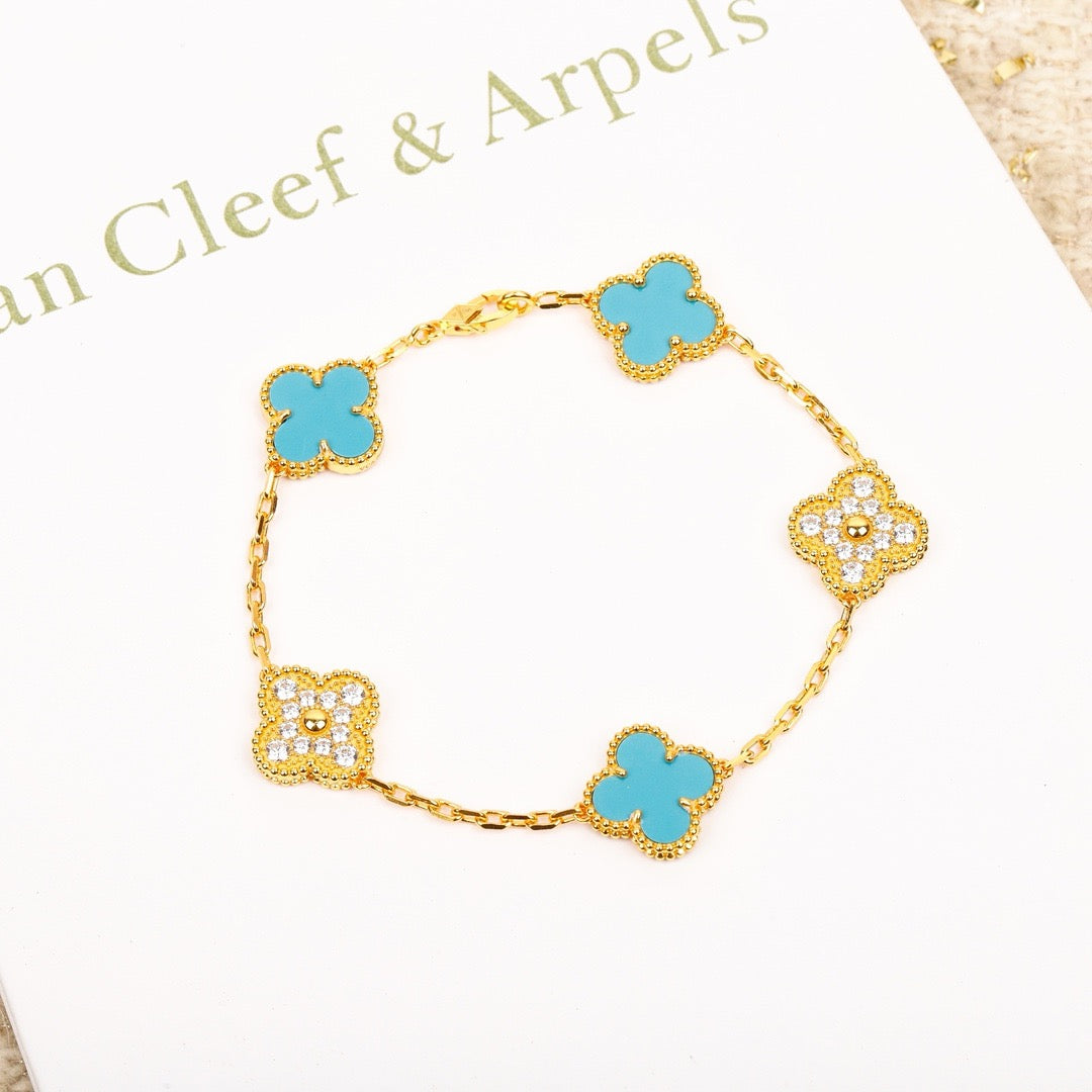[CharmAmor]CLOVER 5 MOTIF TURQUOISE DIAMOND GOLD BRACELET