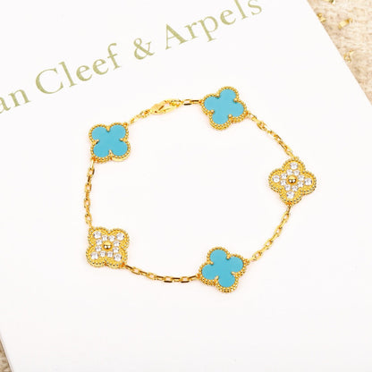 [CharmAmor]CLOVER 5 MOTIF TURQUOISE DIAMOND GOLD BRACELET